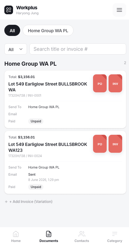 Workplus mobile Documents screen showing PO and invoice buttons