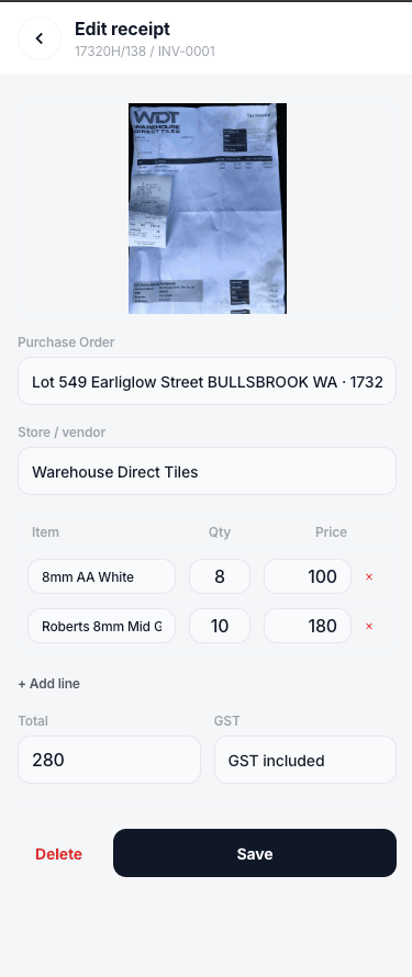 Workplus Edit receipt screen with AI-extracted line items and totals