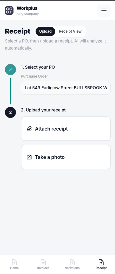 Workplus mobile Receipt screen with PO selection and receipt photo upload