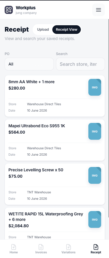 Workplus Receipt view with PO filter and searchable receipt list