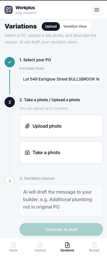 Workplus mobile Variations screen with PO selection and site photo upload