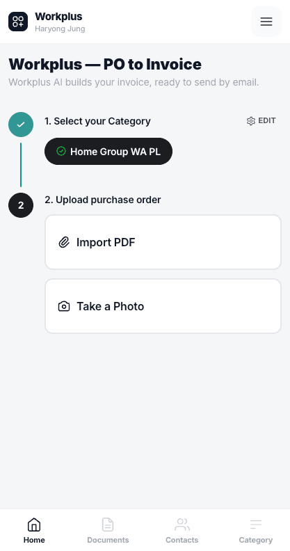 Workplus Contacts screen for clients and invoice recipients