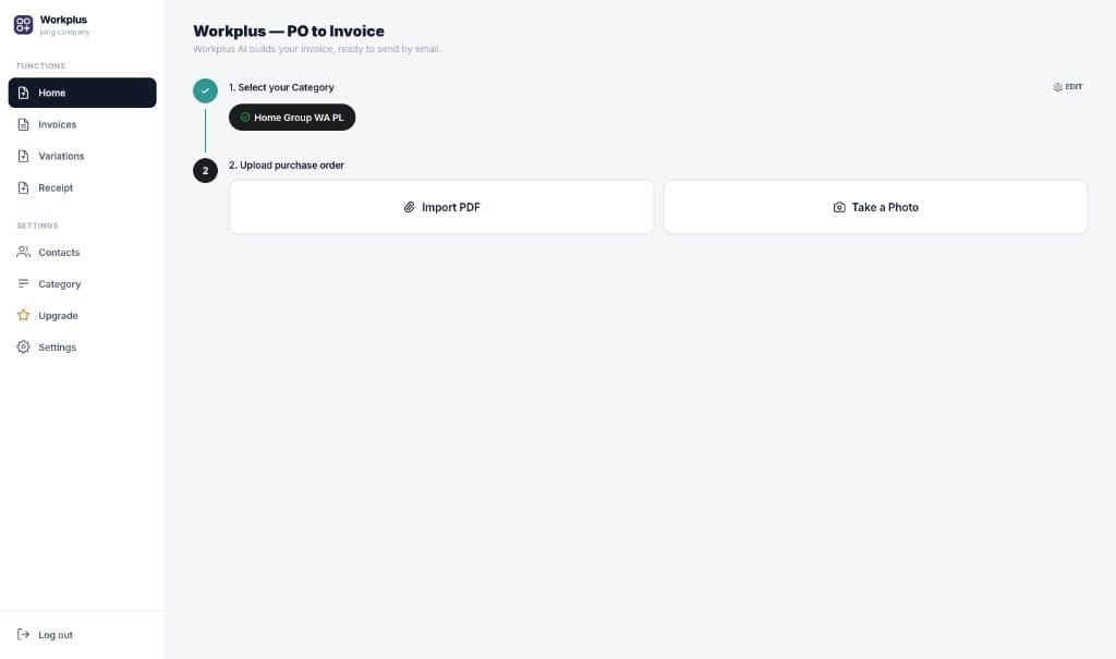 Workplus desktop sidebar with Home, Invoices, Variations and Receipt